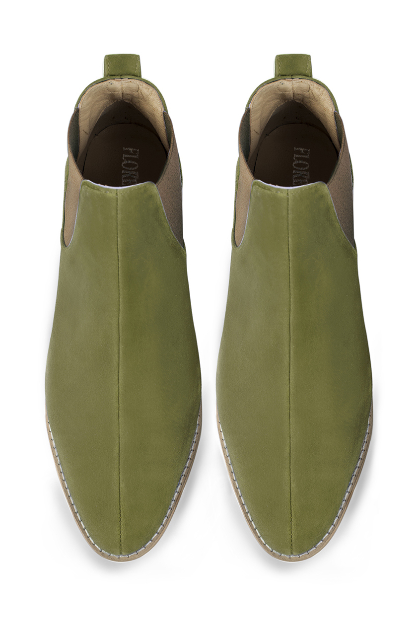 Pistachio green and taupe brown women's ankle boots, with elastics. Round toe. Flat leather soles. Top view - Florence KOOIJMAN
